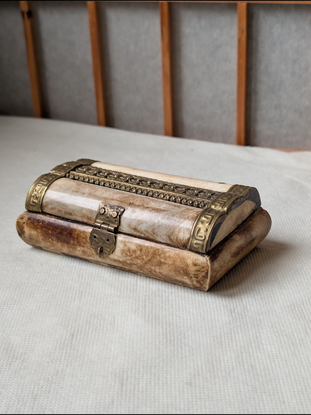 Vintage Bone Box - Brass and Carved Ox - Trinket Jewelry Box from India